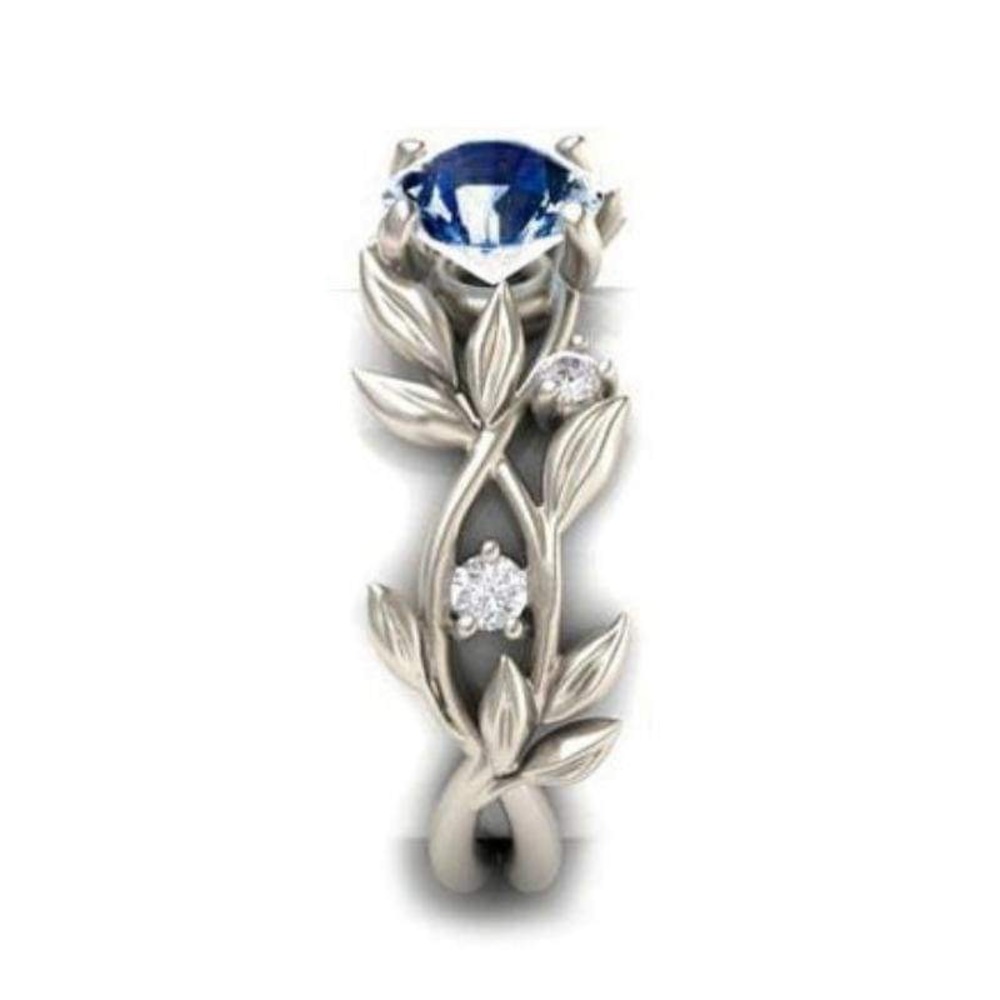 New Sterling Silver Blue White Sapphire Hand Crafted Floral Vine Flower Ring - Picture 9 of 14